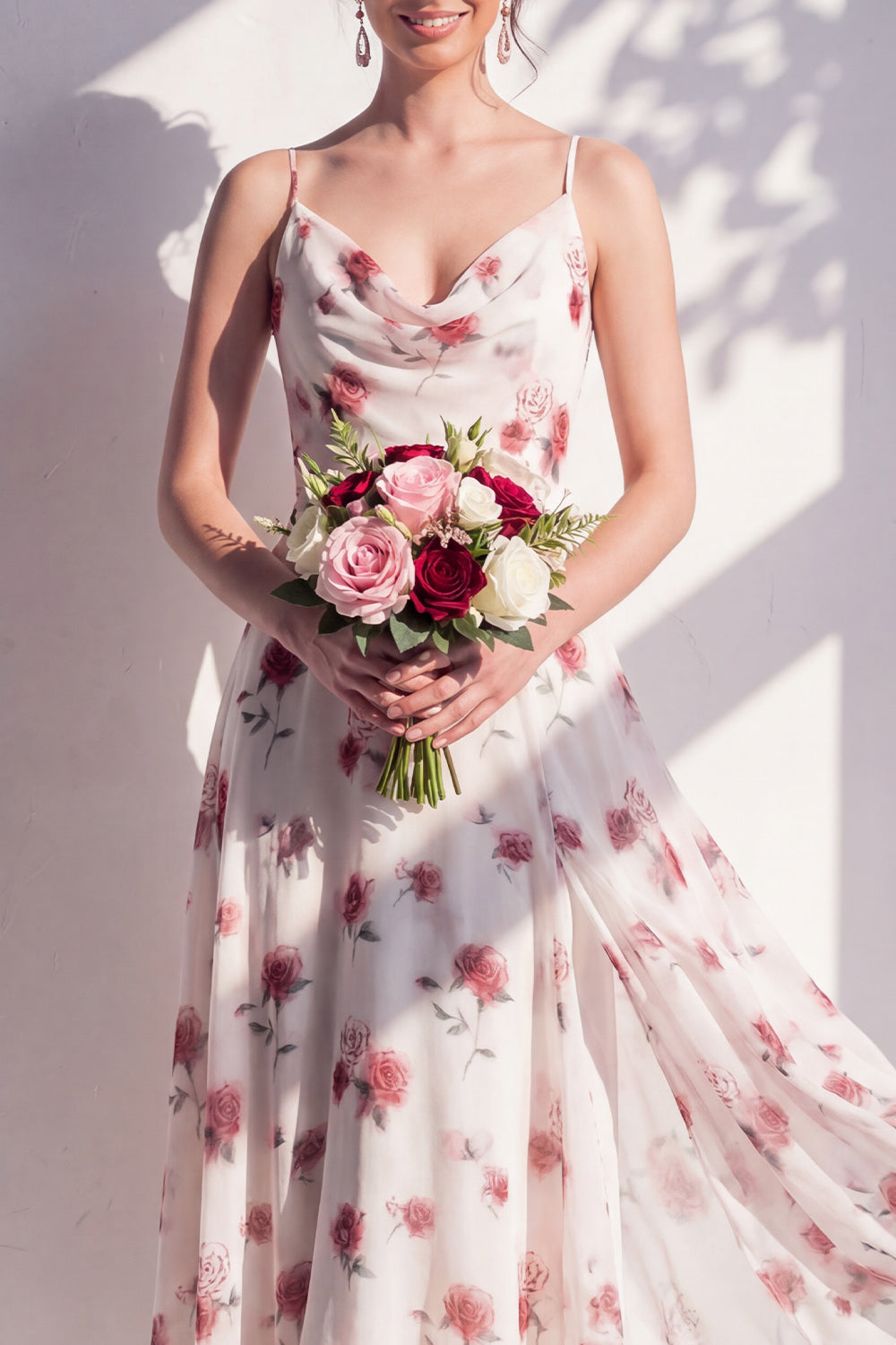 Green Flower Asymmetrical Cowl Neck A Line Bridesmaid Dress