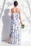 Red Flower Asymmetrical Strapless A Line Bridesmaid Dress with Ruffles