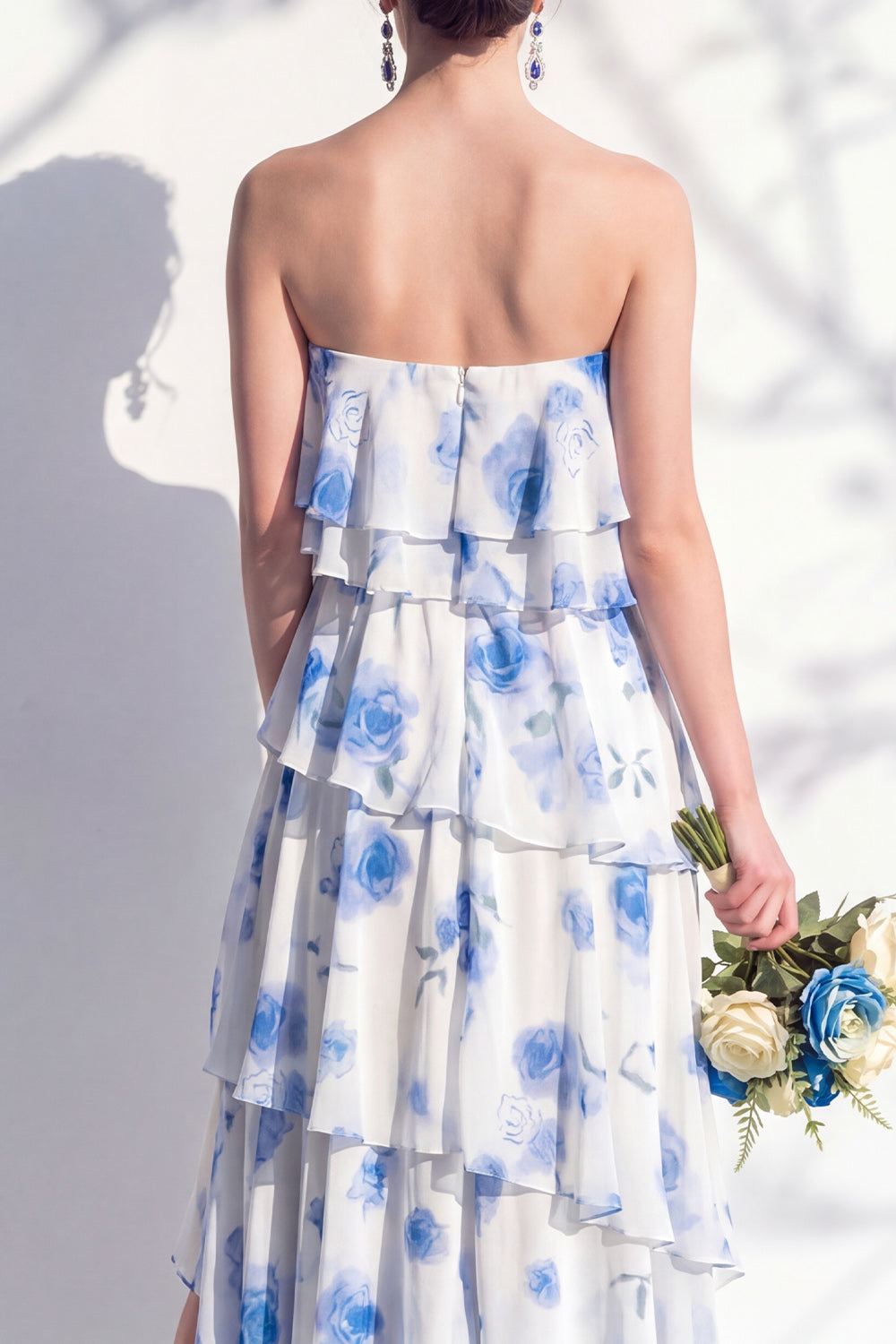 Red Flower Asymmetrical Strapless A Line Bridesmaid Dress with Ruffles