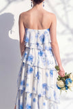 Red Flower Asymmetrical Strapless A Line Bridesmaid Dress with Ruffles