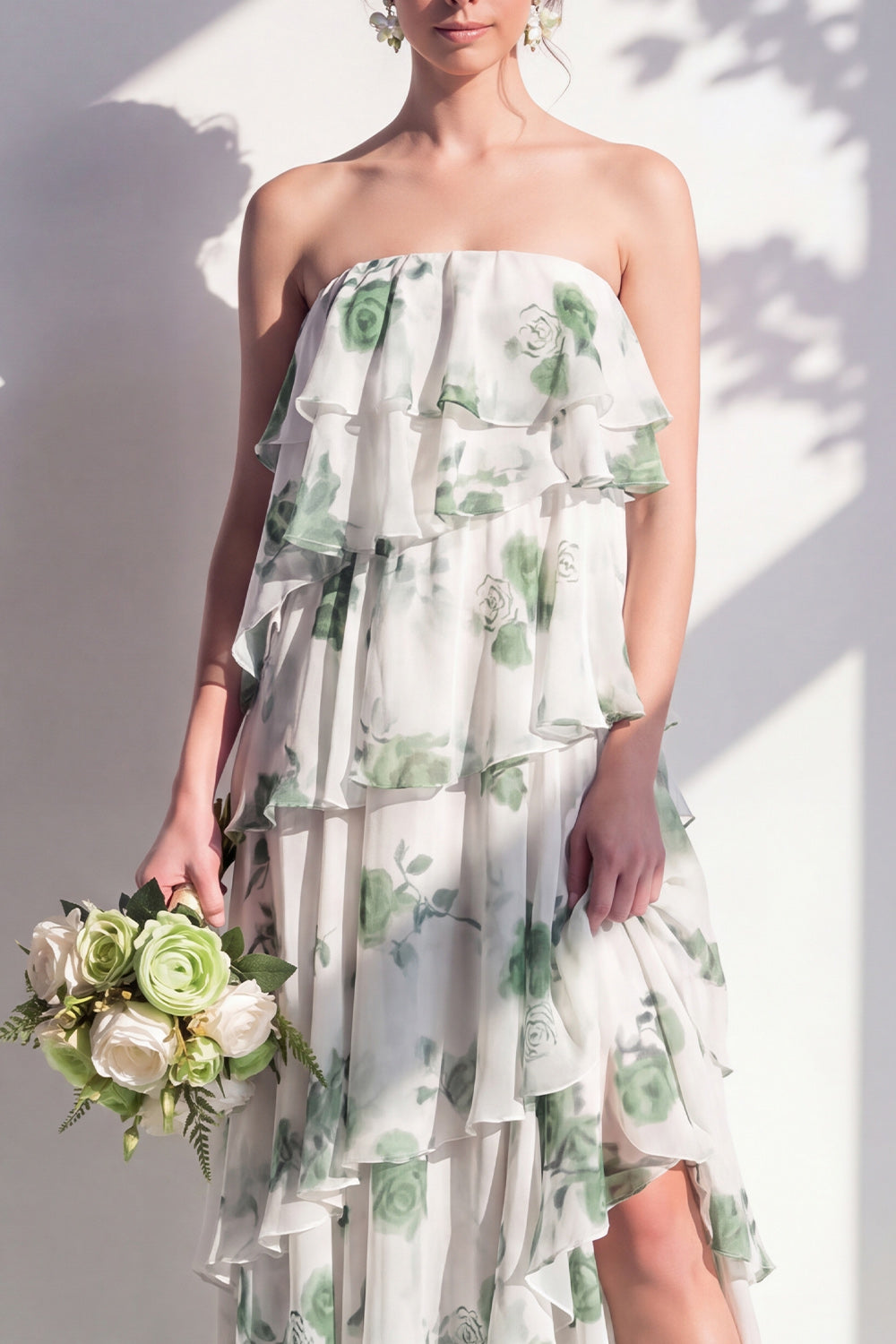 Red Flower Asymmetrical Strapless A Line Bridesmaid Dress with Ruffles