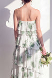 Red Flower Asymmetrical Strapless A Line Bridesmaid Dress with Ruffles
