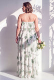 Red Flower Asymmetrical Strapless A Line Bridesmaid Dress with Ruffles