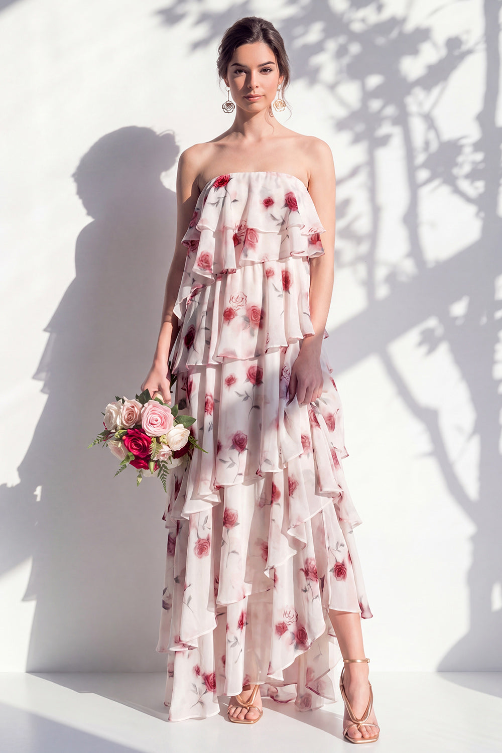 Red Flower Asymmetrical Strapless A Line Bridesmaid Dress with Ruffles