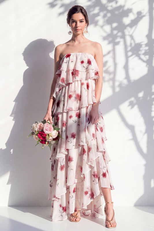 Red Flower Asymmetrical Strapless A Line Bridesmaid Dress with Ruffles