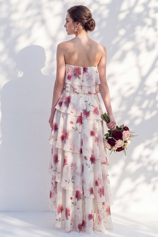 Red Flower Asymmetrical Strapless A Line Bridesmaid Dress with Ruffles
