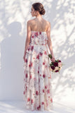 Red Flower Asymmetrical Strapless A Line Bridesmaid Dress with Ruffles