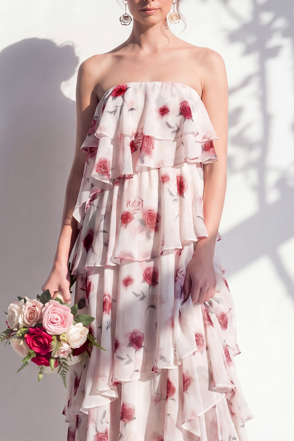 Red Flower Asymmetrical Strapless A Line Bridesmaid Dress with Ruffles