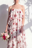 Red Flower Asymmetrical Strapless A Line Bridesmaid Dress with Ruffles