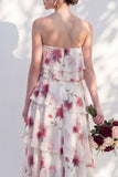 Red Flower Asymmetrical Strapless A Line Bridesmaid Dress with Ruffles