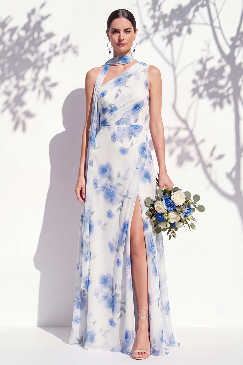 Green Flower Long One Shoulder Ruched A Line Bridesmaid Dress with Slit