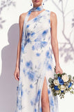 Green Flower Long One Shoulder Ruched A Line Bridesmaid Dress with Slit