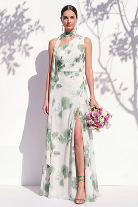 Green Flower Long One Shoulder Ruched A Line Bridesmaid Dress with Slit