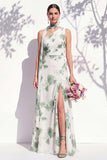 Green Flower Long One Shoulder Ruched A Line Bridesmaid Dress with Slit