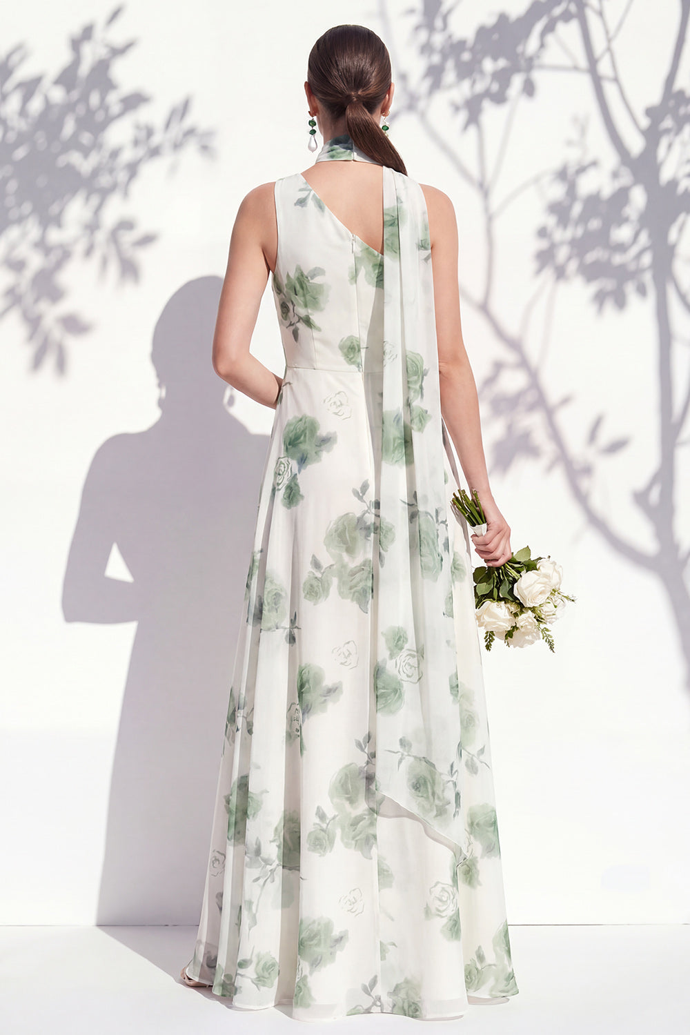Green Flower Long One Shoulder Ruched A Line Bridesmaid Dress with Slit