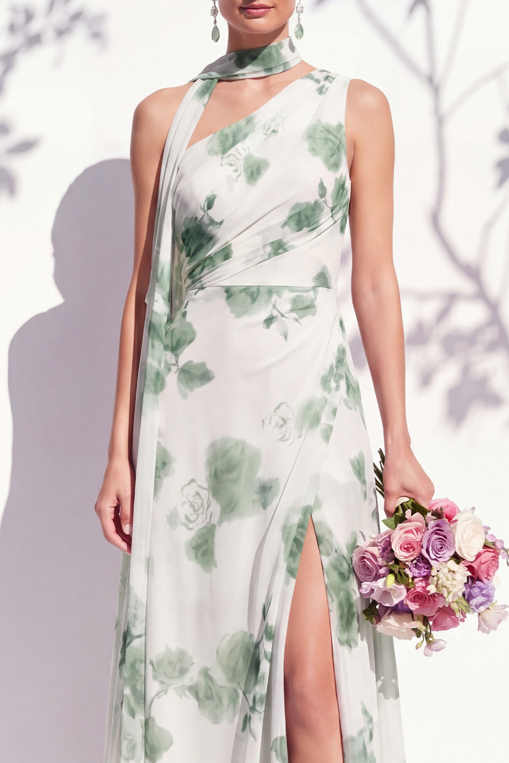 Green Flower Long One Shoulder Ruched A Line Bridesmaid Dress with Slit