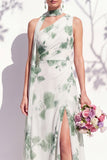 Green Flower Long One Shoulder Ruched A Line Bridesmaid Dress with Slit