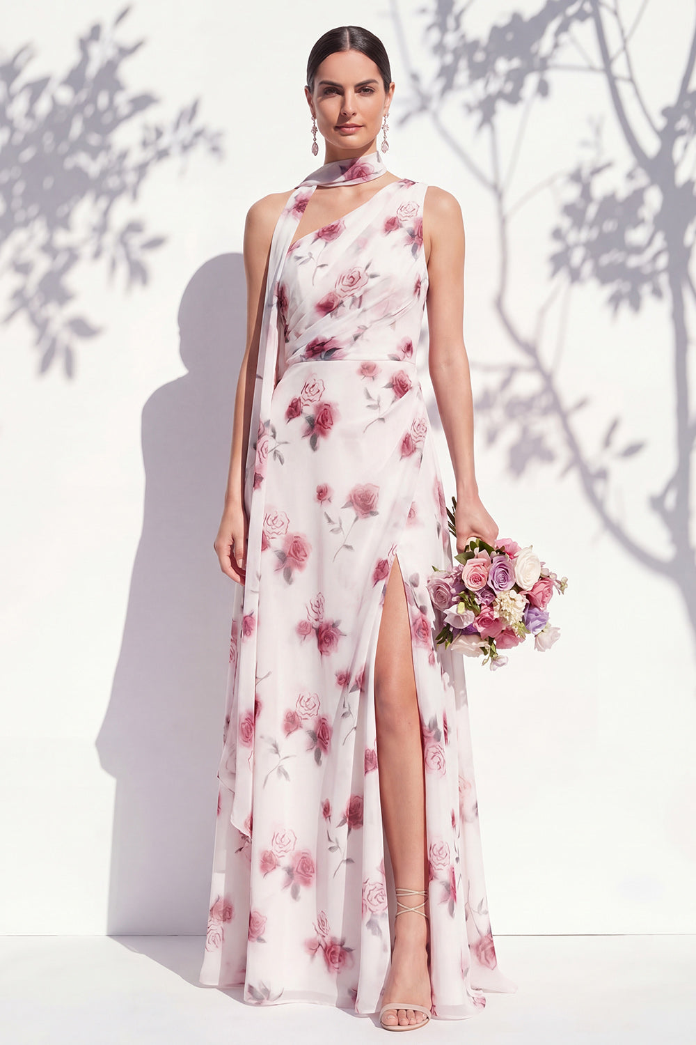 Green Flower Long One Shoulder Ruched A Line Bridesmaid Dress with Slit