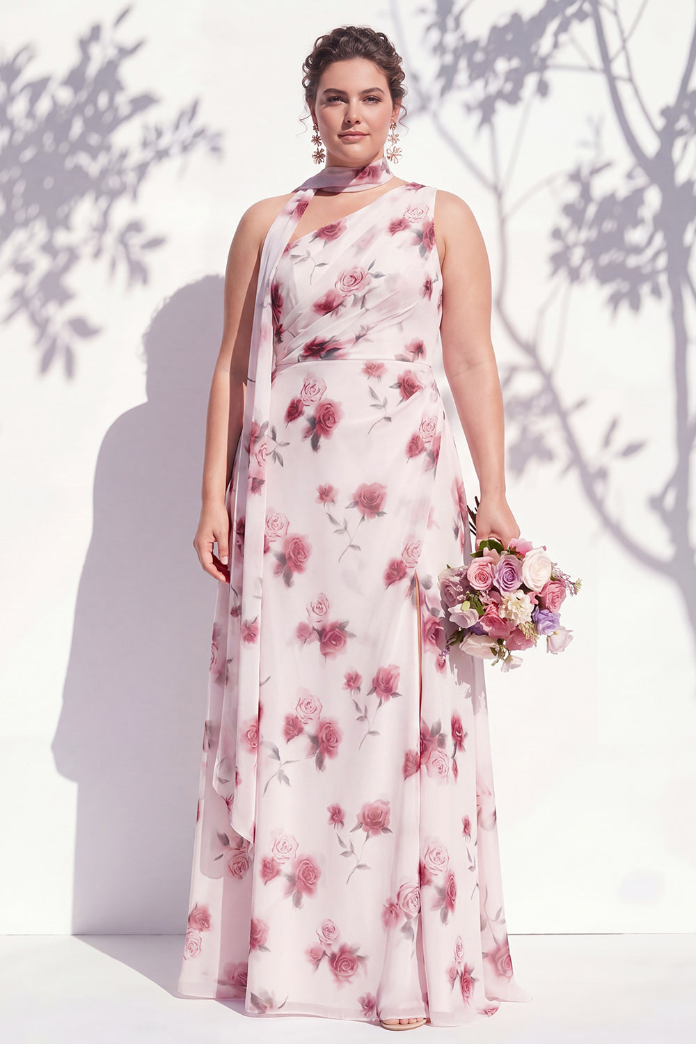 Green Flower Long One Shoulder Ruched A Line Bridesmaid Dress with Slit