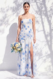 Red Flower Long Ruched Strapless Sheath Bridesmaid Dress with Slit