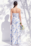 Red Flower Long Ruched Strapless Sheath Bridesmaid Dress with Slit