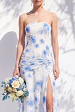 Red Flower Long Ruched Strapless Sheath Bridesmaid Dress with Slit