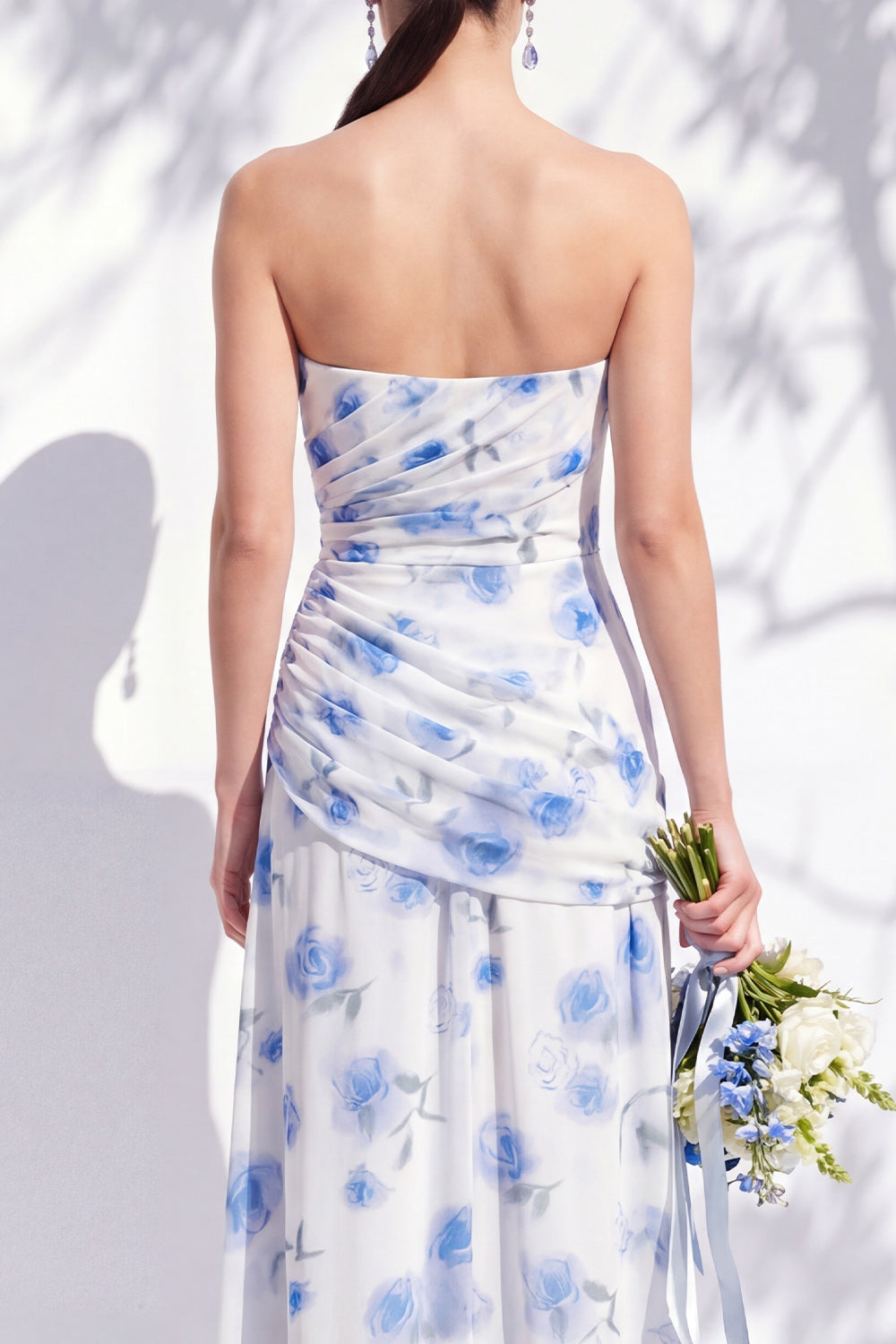 Red Flower Long Ruched Strapless Sheath Bridesmaid Dress with Slit
