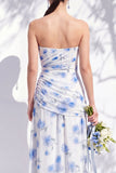 Red Flower Long Ruched Strapless Sheath Bridesmaid Dress with Slit
