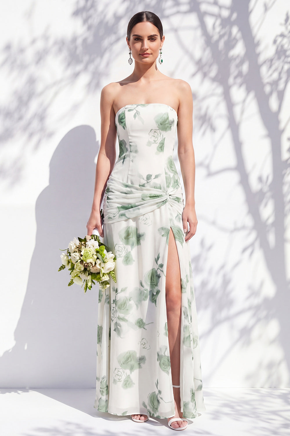 Red Flower Long Ruched Strapless Sheath Bridesmaid Dress with Slit