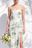 Red Flower Long Ruched Strapless Sheath Bridesmaid Dress with Slit