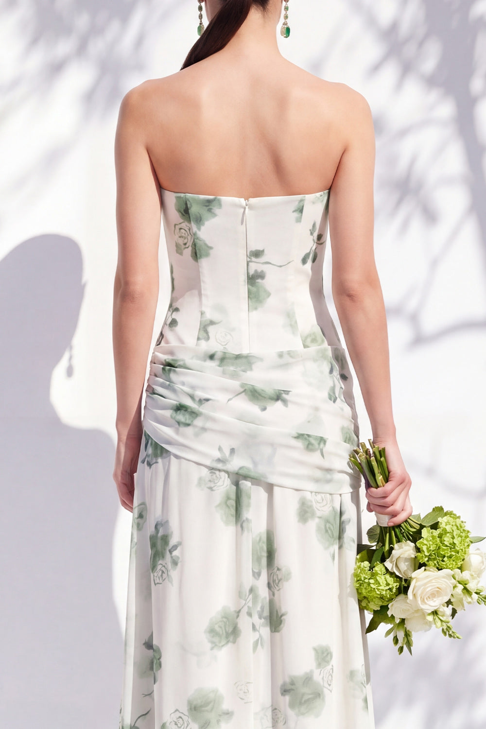 Red Flower Long Ruched Strapless Sheath Bridesmaid Dress with Slit