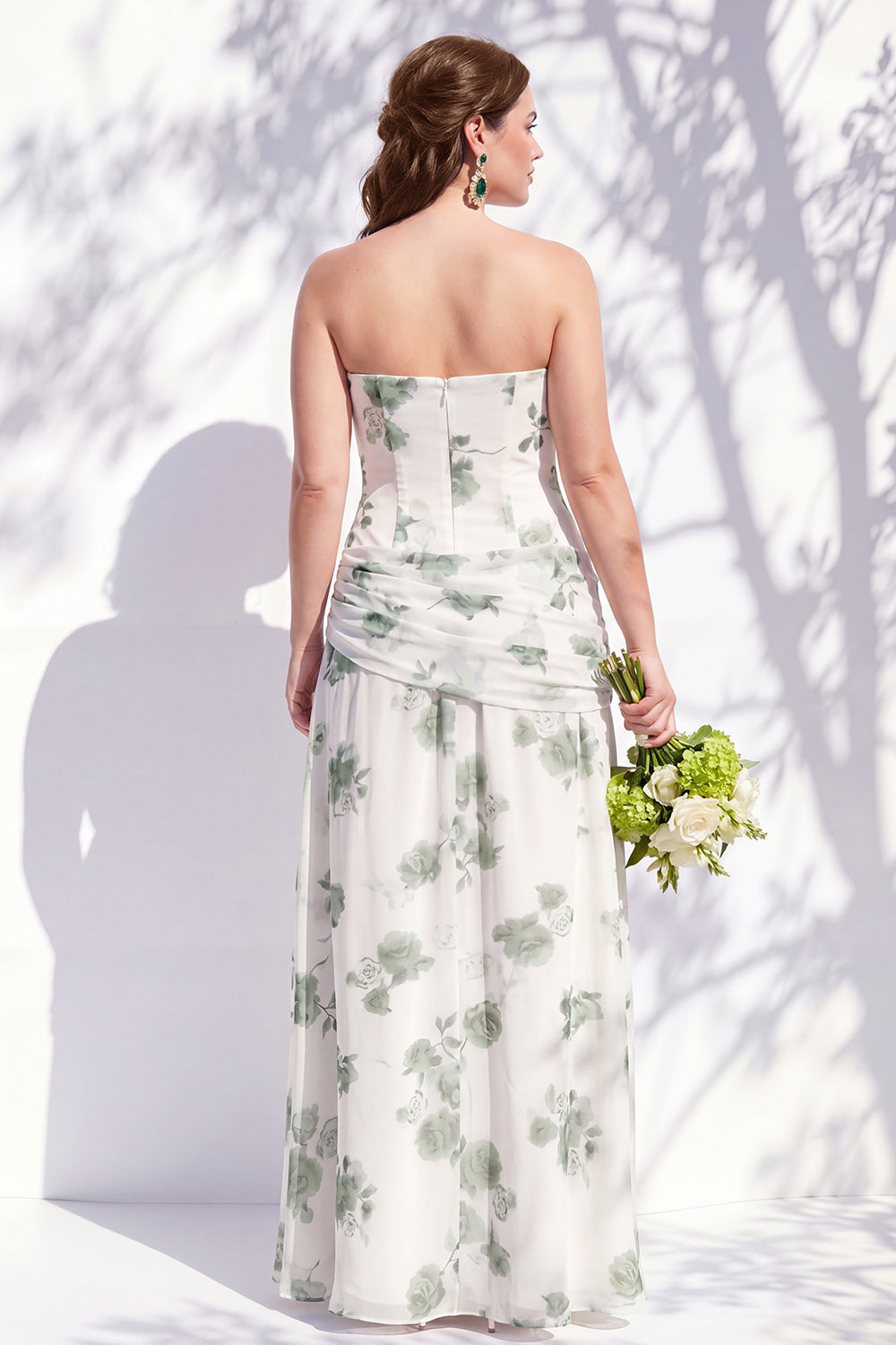 Red Flower Long Ruched Strapless Sheath Bridesmaid Dress with Slit