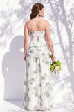 Red Flower Long Ruched Strapless Sheath Bridesmaid Dress with Slit