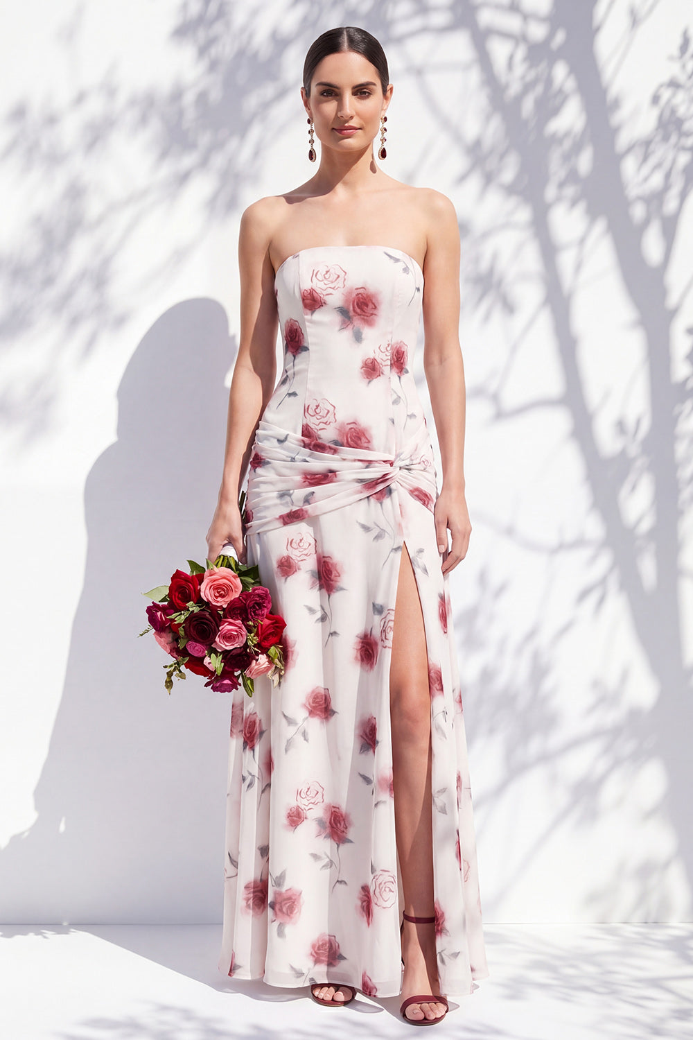 Red Flower Long Ruched Strapless Sheath Bridesmaid Dress with Slit