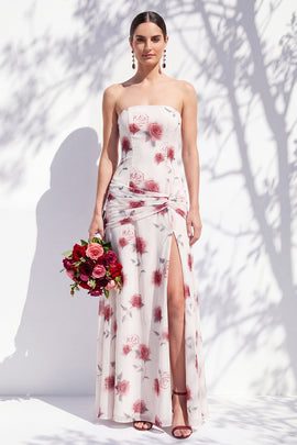 Red Flower Long Ruched Strapless Sheath Bridesmaid Dress with Slit