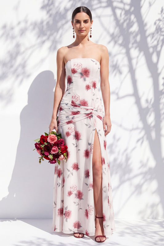 Red Flower Long Ruched Strapless Sheath Bridesmaid Dress with Slit