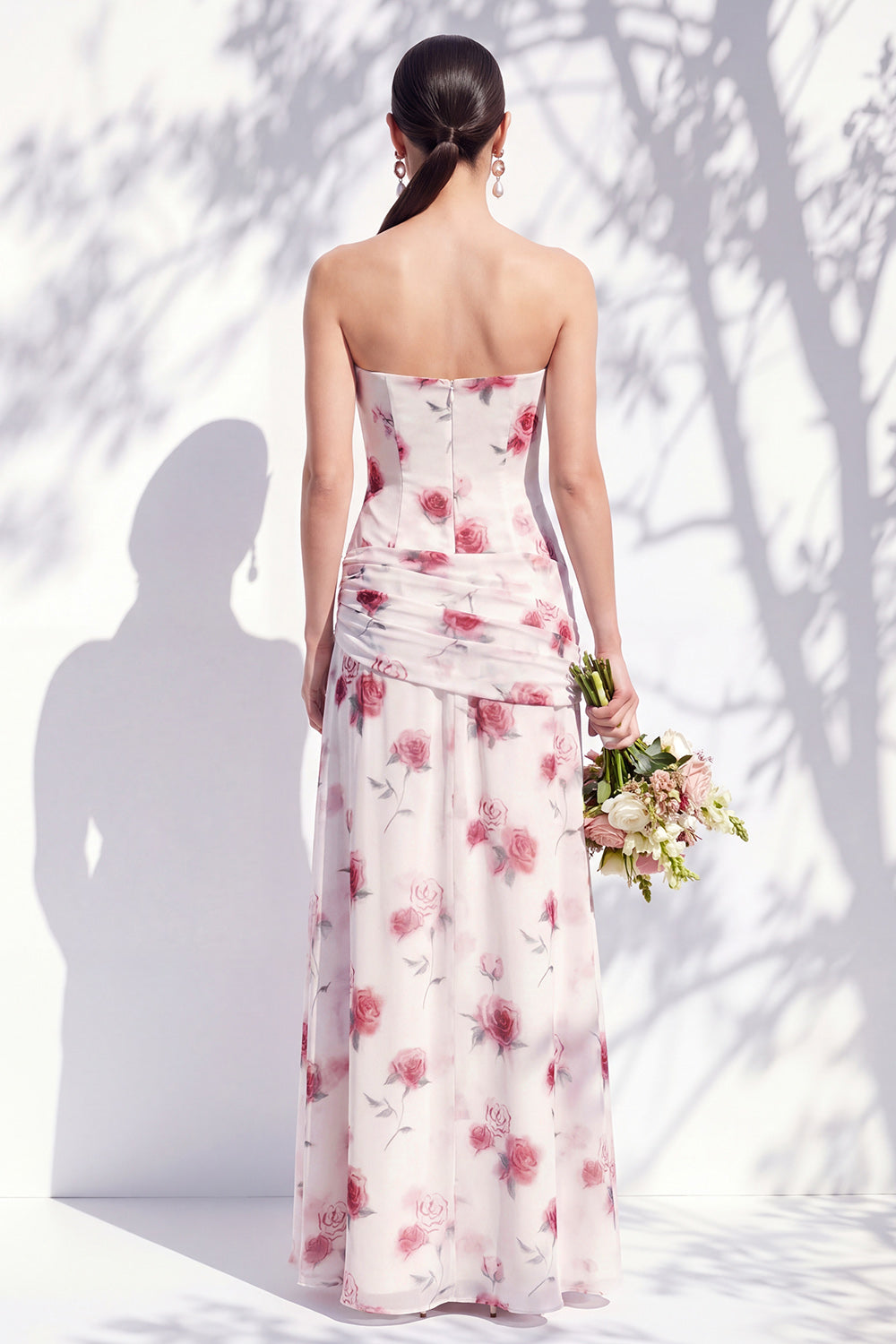 Red Flower Long Ruched Strapless Sheath Bridesmaid Dress with Slit
