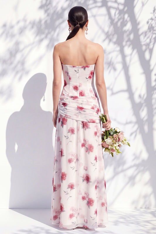Red Flower Long Ruched Strapless Sheath Bridesmaid Dress with Slit