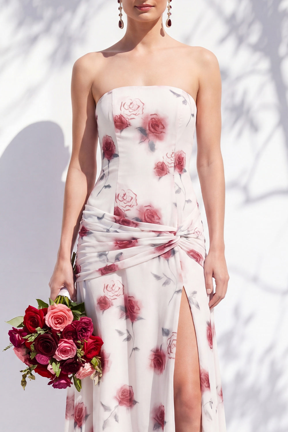 Red Flower Long Ruched Strapless Sheath Bridesmaid Dress with Slit