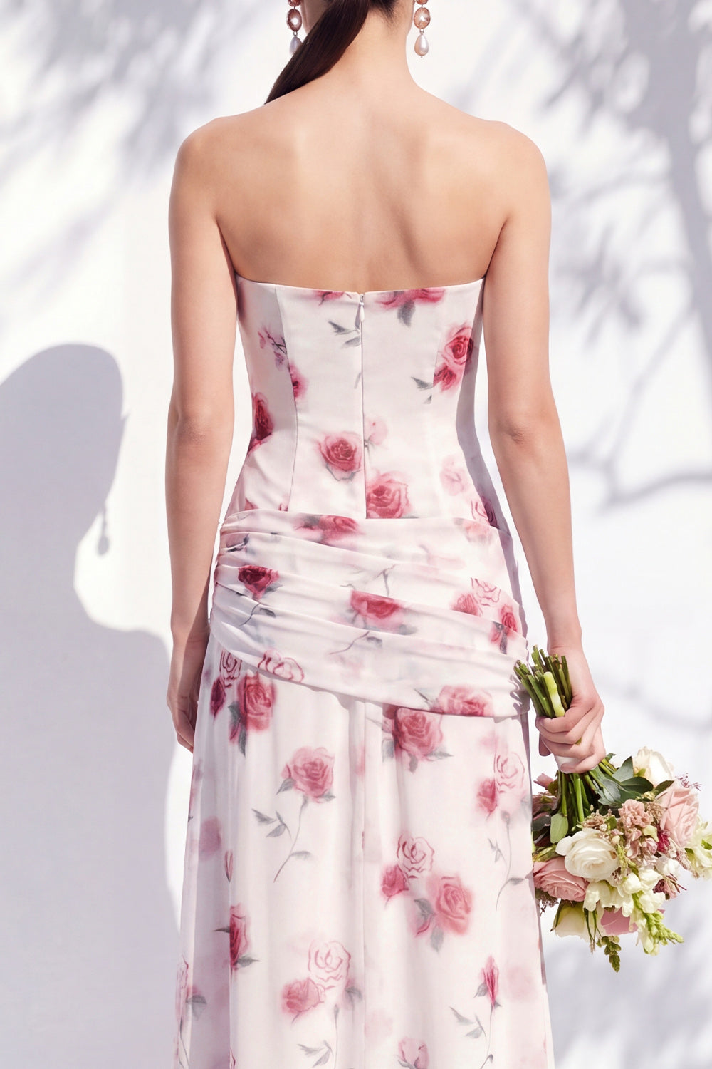 Red Flower Long Ruched Strapless Sheath Bridesmaid Dress with Slit