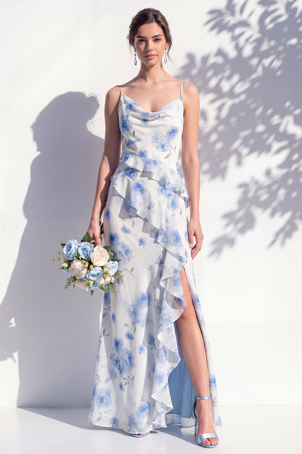 Mermaid Cowl Neck Blue Flower Ruffled Long Bridesmaid Dress with Slit