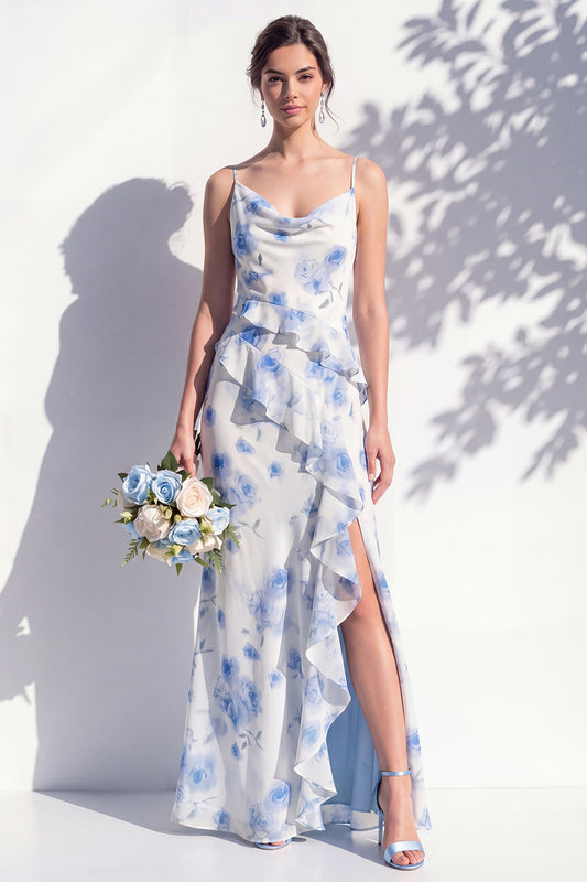 Mermaid Cowl Neck Blue Flower Ruffled Long Bridesmaid Dress with Slit