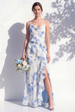 Mermaid Cowl Neck Blue Flower Ruffled Long Bridesmaid Dress with Slit