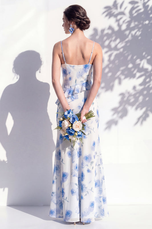 Mermaid Cowl Neck Blue Flower Ruffled Long Bridesmaid Dress with Slit