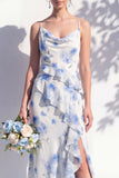 Mermaid Cowl Neck Blue Flower Ruffled Long Bridesmaid Dress with Slit