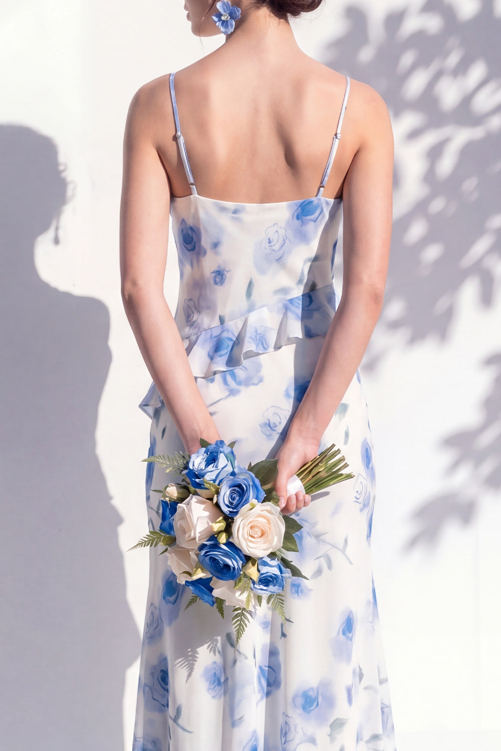 Mermaid Cowl Neck Blue Flower Ruffled Long Bridesmaid Dress with Slit