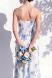 Mermaid Cowl Neck Blue Flower Ruffled Long Bridesmaid Dress with Slit