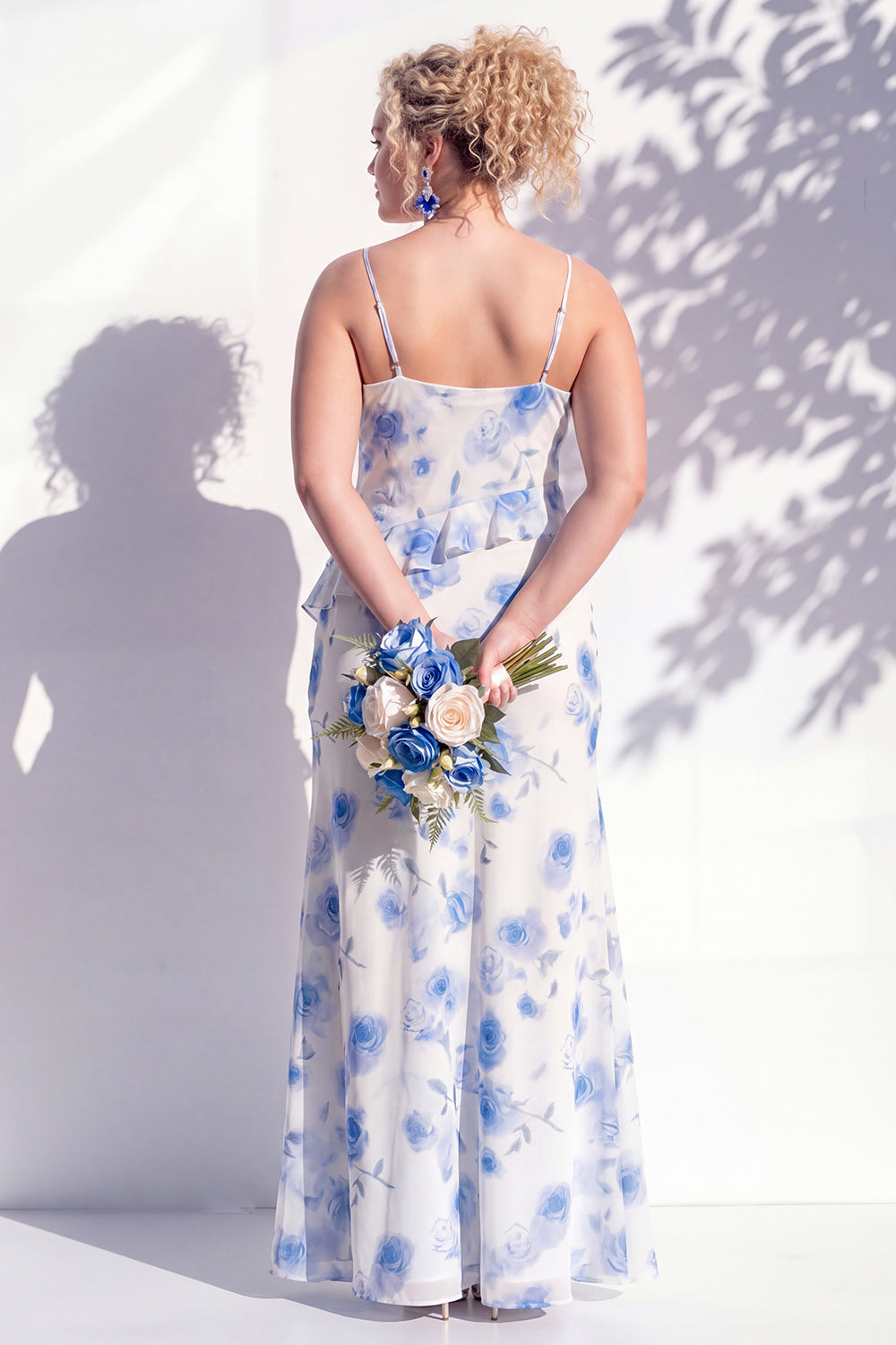 Mermaid Cowl Neck Blue Flower Ruffled Long Bridesmaid Dress with Slit