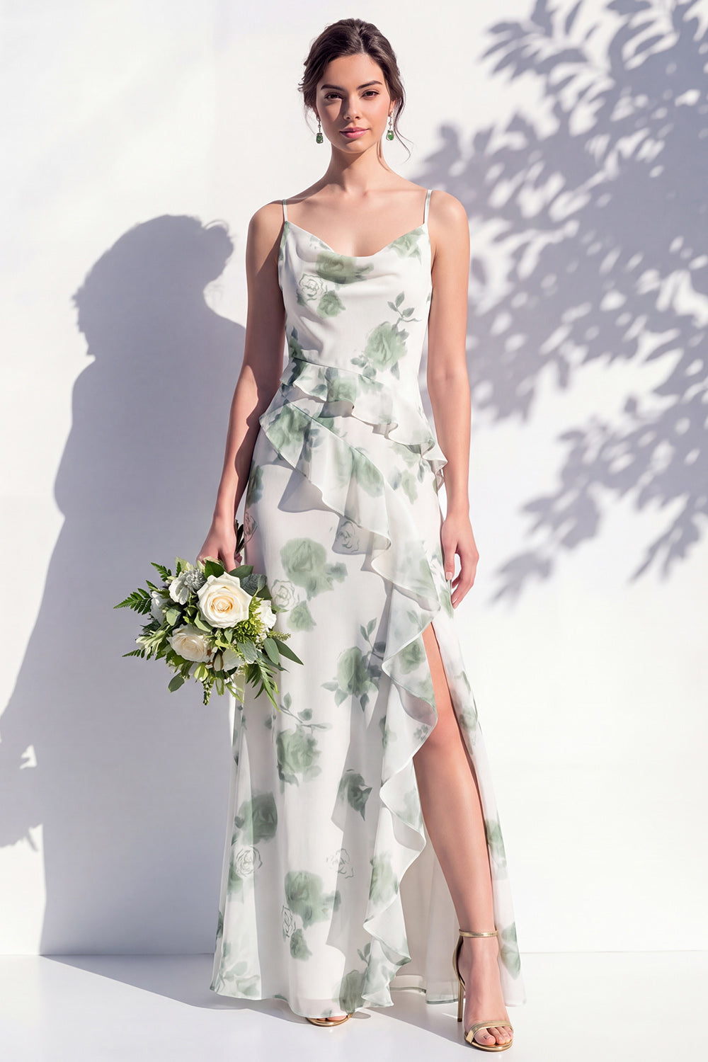 Mermaid Cowl Neck Blue Flower Ruffled Long Bridesmaid Dress with Slit