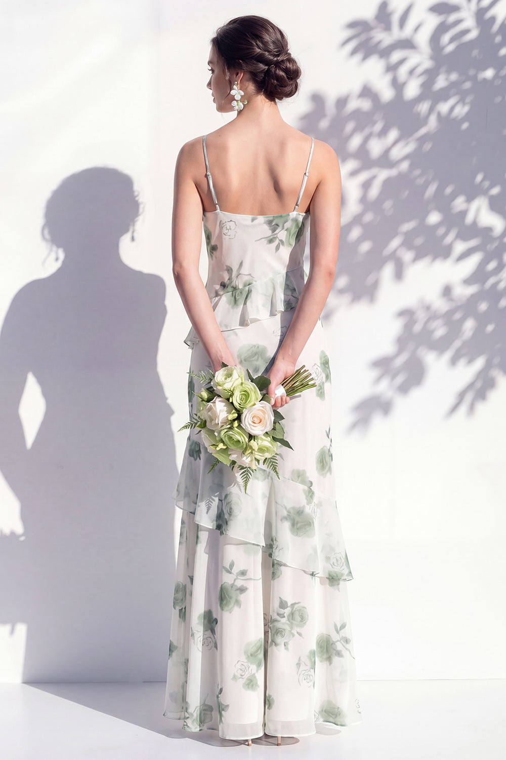 Mermaid Cowl Neck Blue Flower Ruffled Long Bridesmaid Dress with Slit